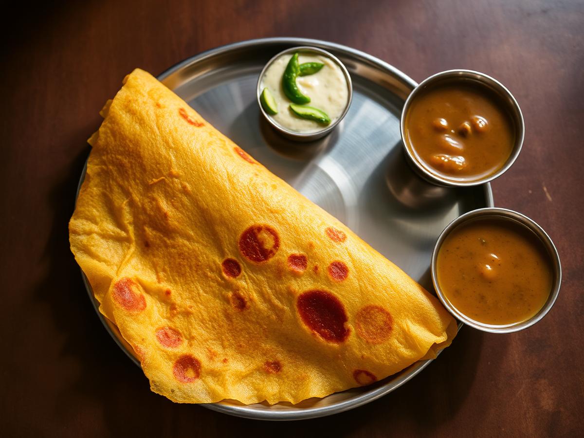 Golden crispy masala dosa served with sambar and coconut chutney