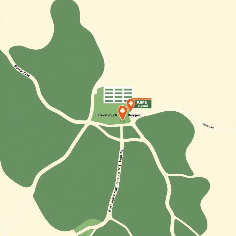 Map showing Upahara Darshini beside KIMS Hospital, Basavanagudi