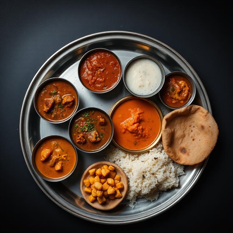 North Indian thali with dal, curries, roti and rice on a steel plate